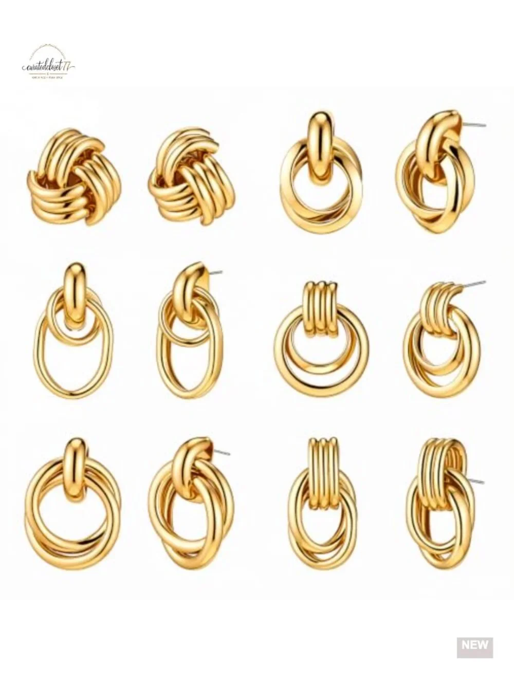6 Pairs Gold Dangle Earrings, Chunky Geometric Knot Drop Statement Lightweight